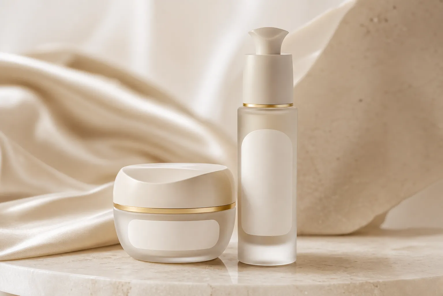 HEEYAI serum bottle on a warm cream studio surface