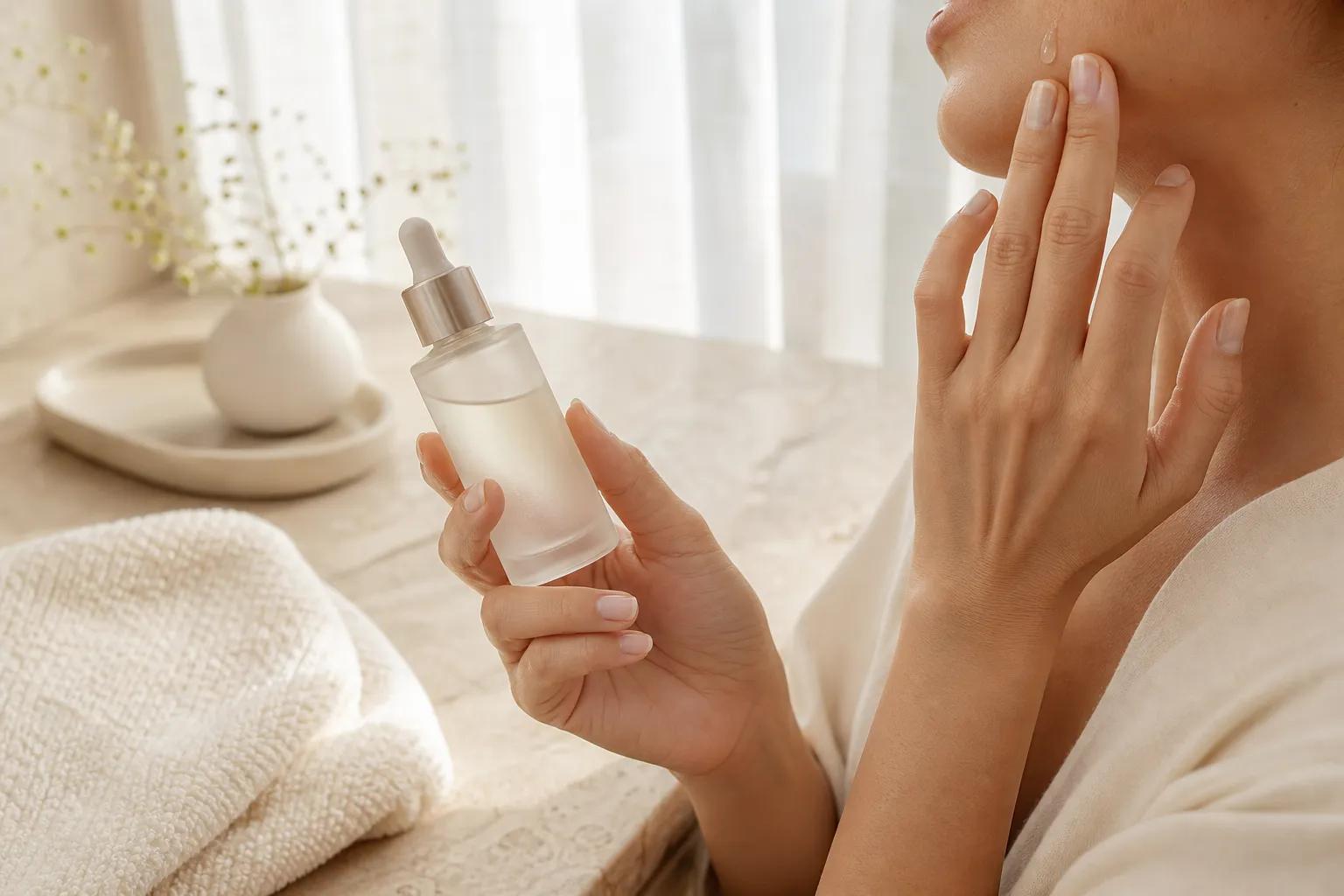 Soft daylight skincare ritual with product on a cream vanity