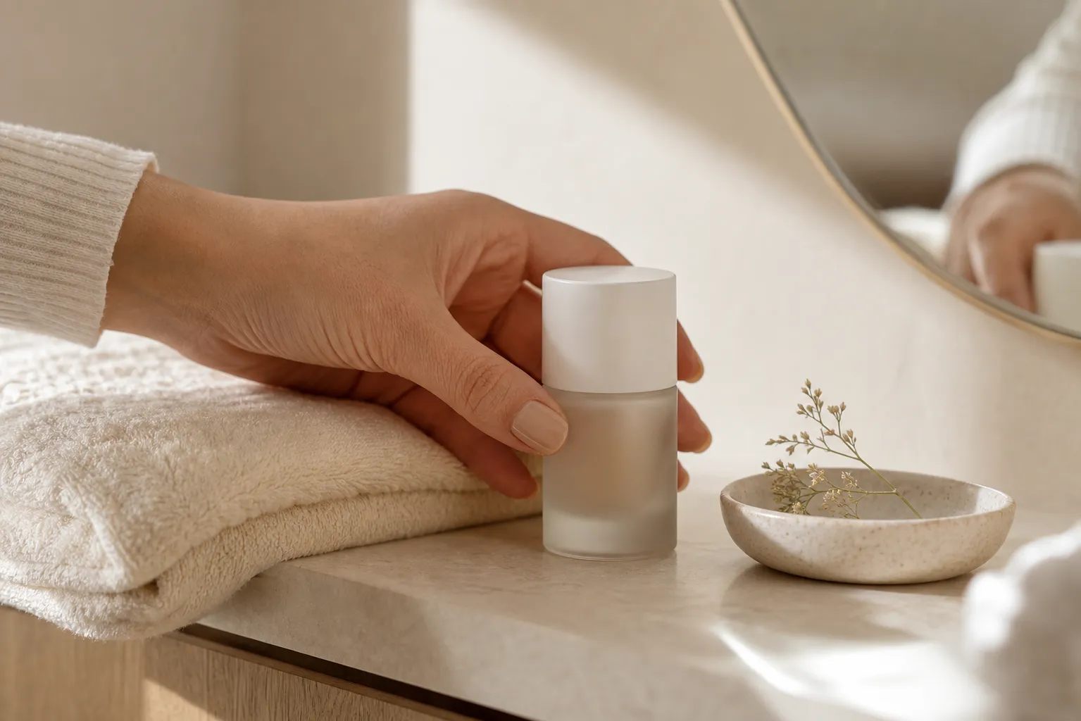 A soft product detail moment on a cream vanity